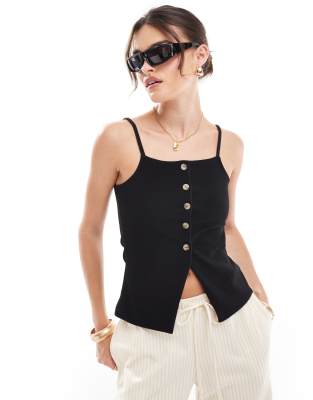 Asos Design Ribbed Button Up Top With 90s Boat Neck In Black