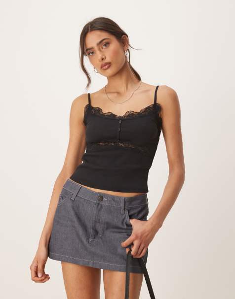 ASOS DESIGN ribbed cami top with lace and button detail in black - view 1