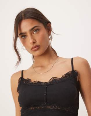 Asos Design Ribbed Cami Top With Lace And Button Details In Black