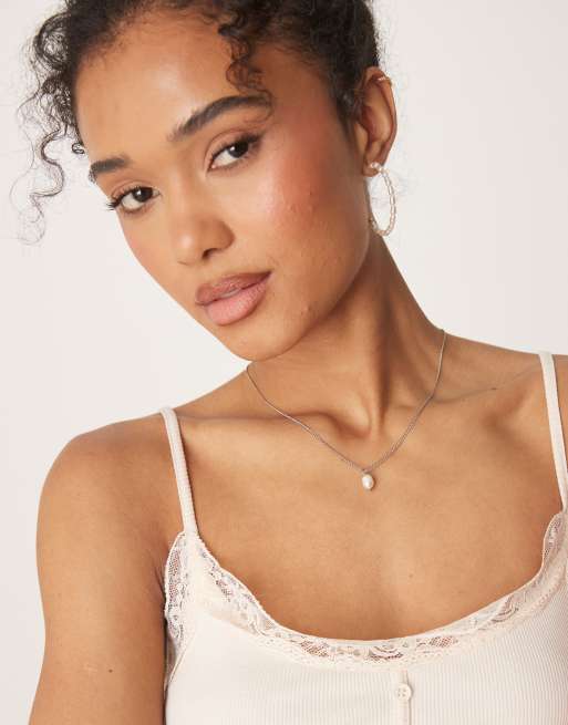 ASOS DESIGN ribbed cami top with lace and button details in cream, 3 of 4