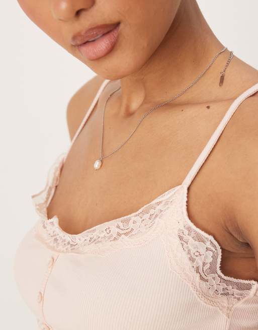 ASOS DESIGN ribbed cami top with lace and button details in pink, 3 of 4
