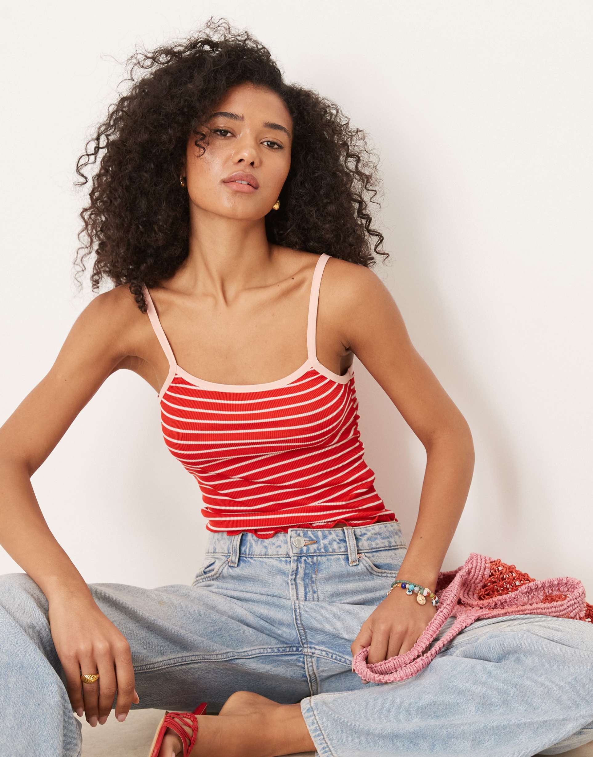 asos design ribbed cami with contrast binding in red and white stripe