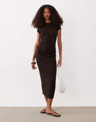 Asos Design Ribbed Cap Sleeve Ruched Midi Dress In Brown