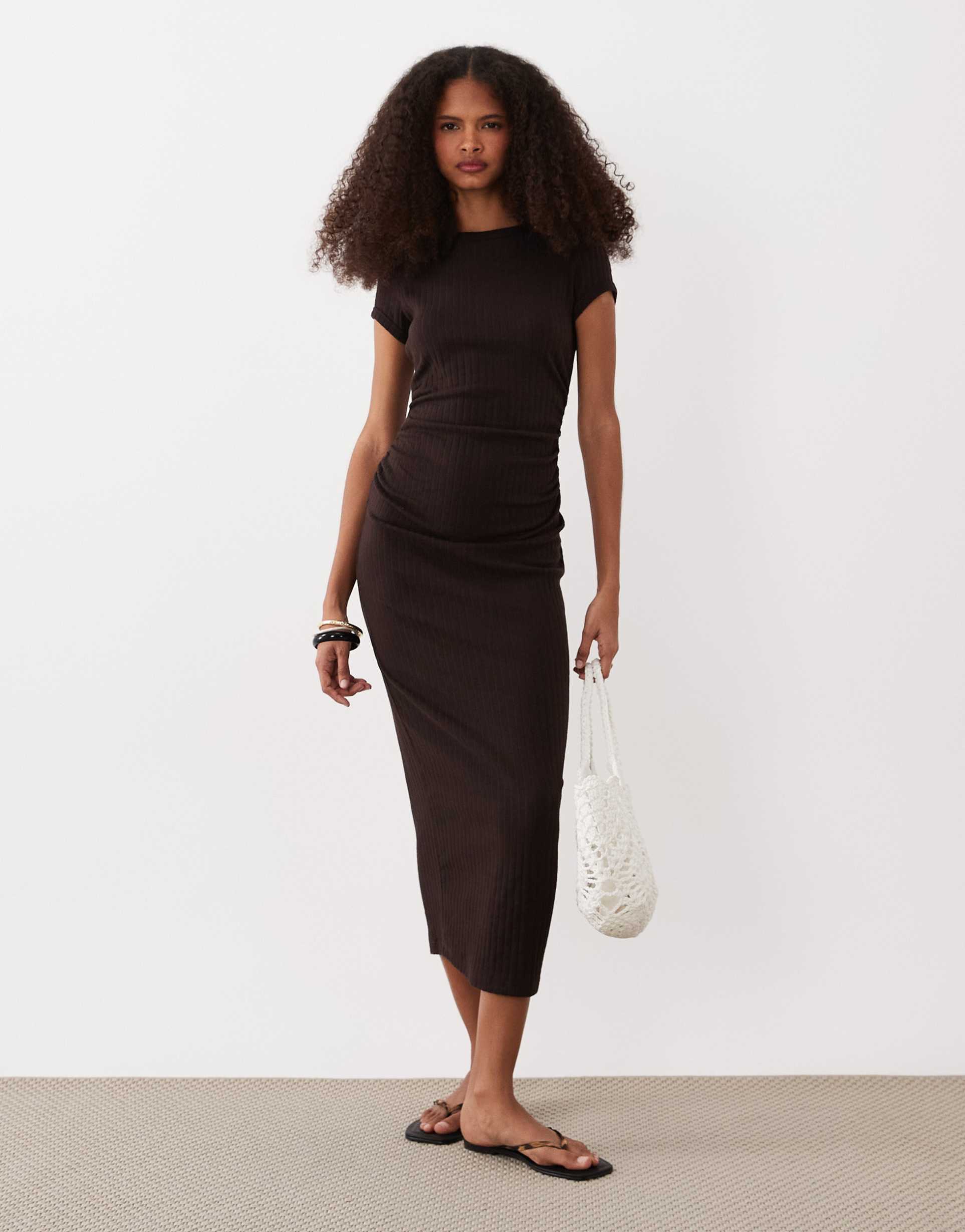 asos design ribbed cap sleeve ruched midi dress in chocolate