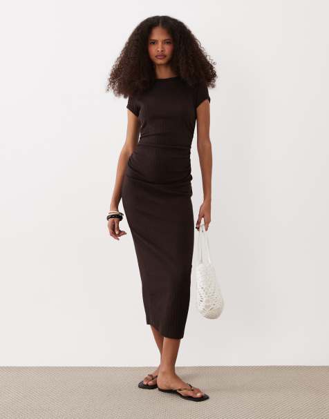 ASOS DESIGN ribbed cap sleeve ruched midi dress in chocolate