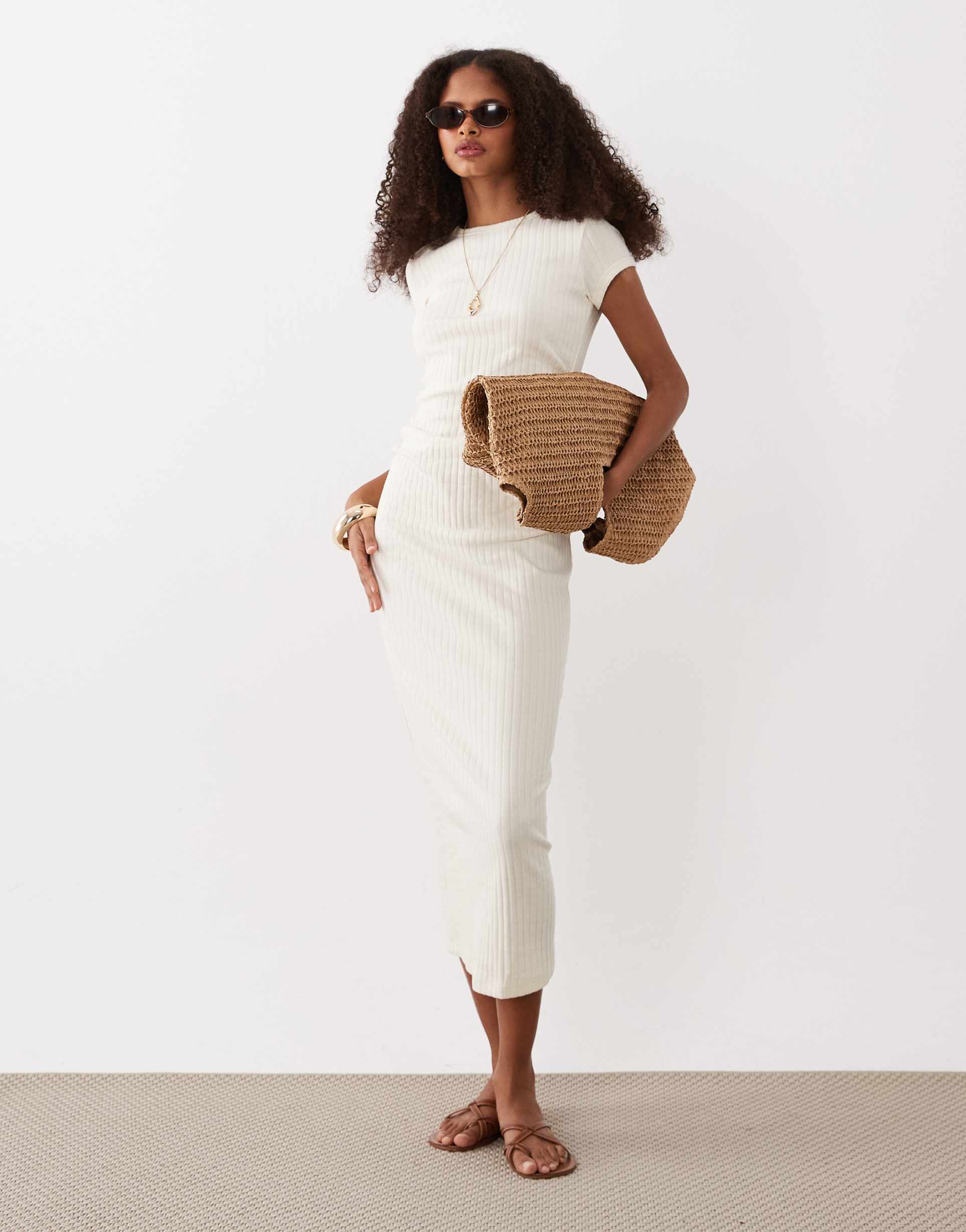 asos design ribbed cap sleeve ruched midi dress in cream