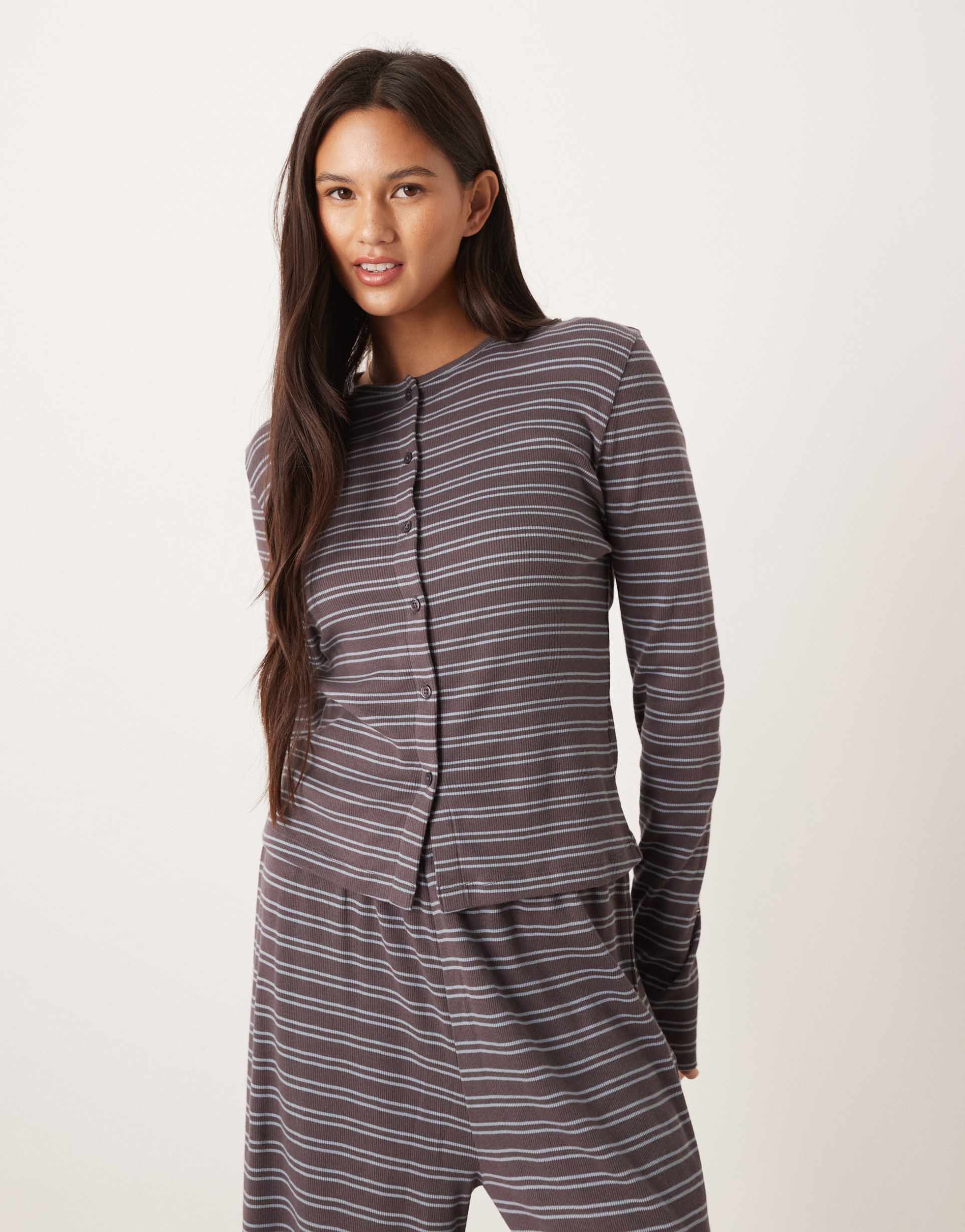 asos design ribbed cardigan in gray & blue stripes