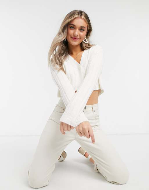 ASOS DESIGN ribbed cardigan with one button in white ASOS