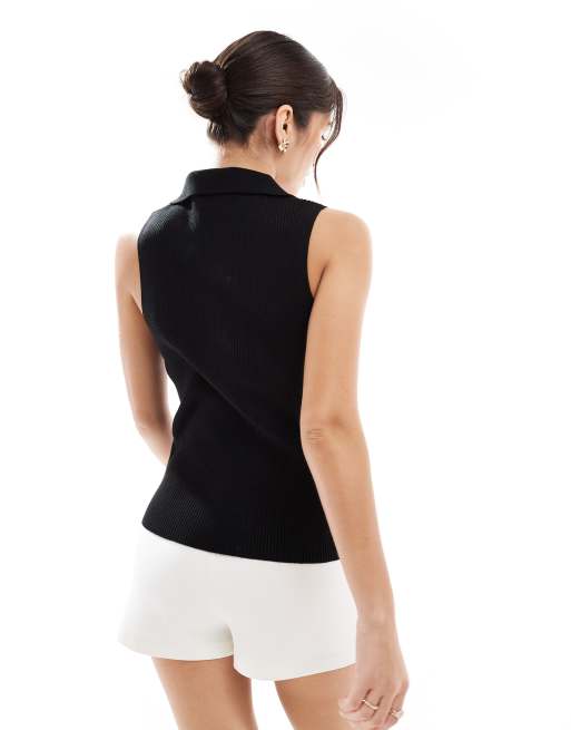 ASOS DESIGN ribbed collared knit top in black, 3 of 4
