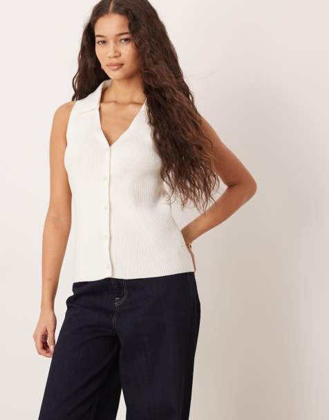 ASOS DESIGN ribbed collared knitted top in white - view 1