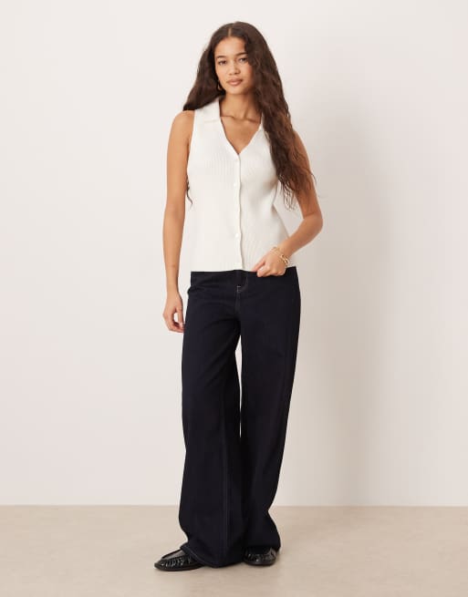 ASOS DESIGN ribbed collared knitted top in white ASOS
