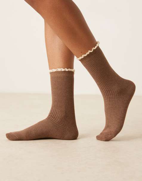 ASOS DESIGN ribbed contrast crochet frill socks in brown - view 1
