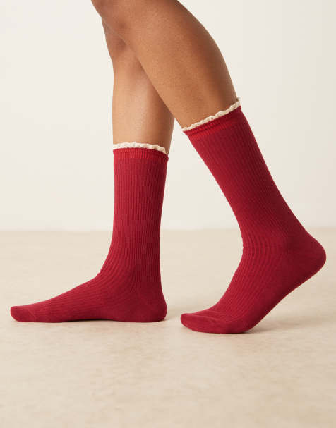 ASOS DESIGN ribbed contrast crochet frill socks in burgundy - view 1