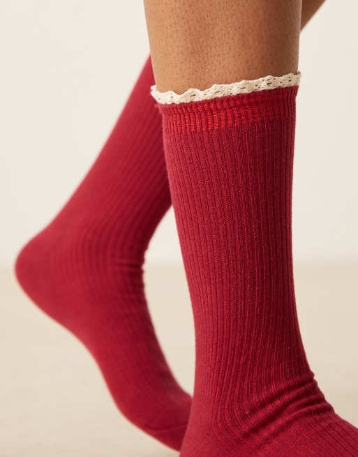ASOS DESIGN ribbed contrast crochet frill socks in burgundy | ASOS