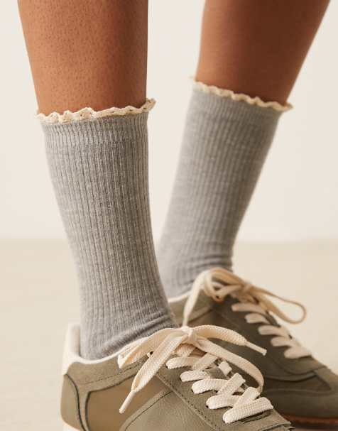 ASOS DESIGN ribbed contrast crochet frill socks in gray - view 1