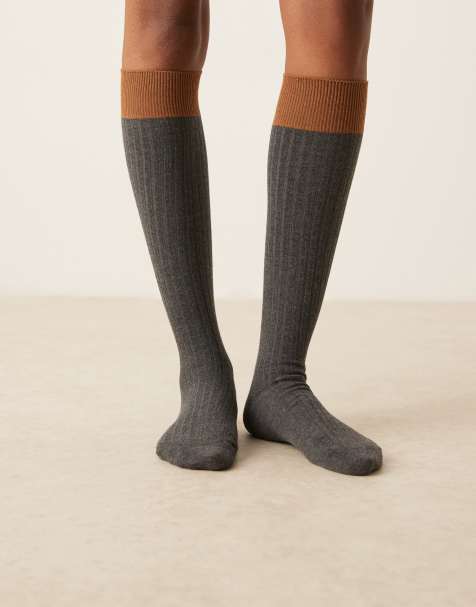 ASOS DESIGN ribbed contrast panel knee high socks in charcoal - view 1