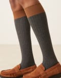 [ASOS DESIGN] ASOS DESIGN ribbed contrast panel knee high socks in charcoal-Grey One Size CHARCOAL