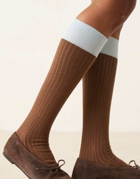 ASOS DESIGN ribbed contrast panel knee high socks in chocolate - view 1