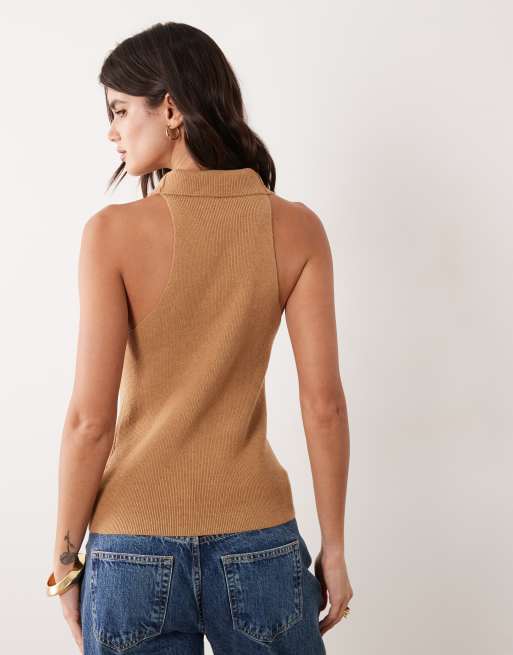 ASOS DESIGN ribbed cowl neck halter knitted top in taupe, 4 of 4
