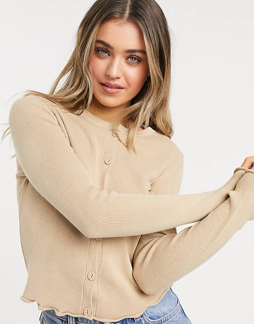 Women ribbed crew neck cardigan with frill edge in stone 
