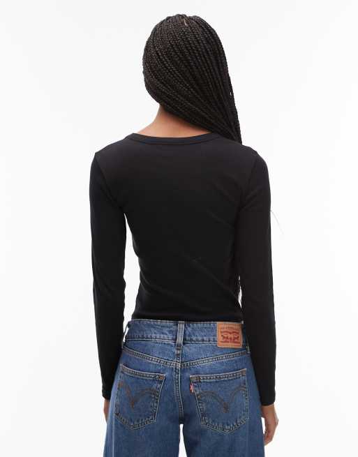 ASOS DESIGN ribbed crew neck long sleeve top in black