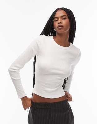 Asos Design Ribbed Crew Neck Long Sleeve Top In White
