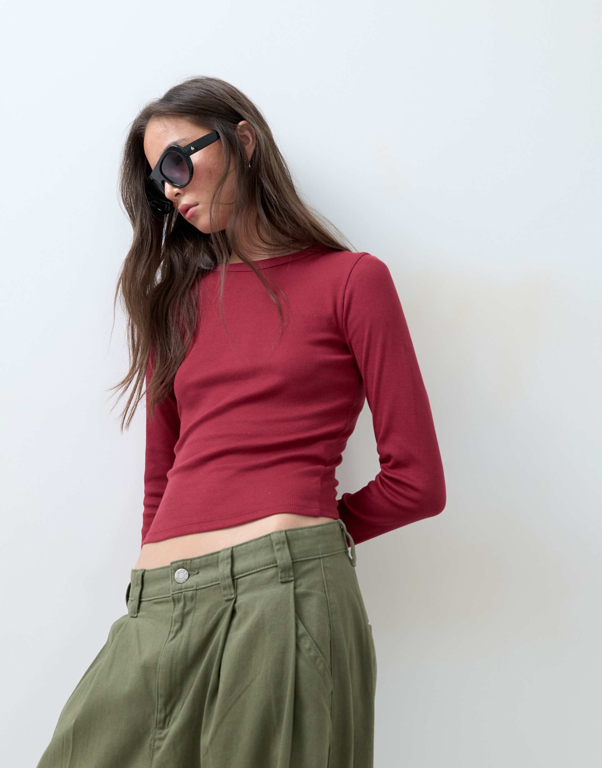asos design ribbed crew neck long sleeve top in deep red