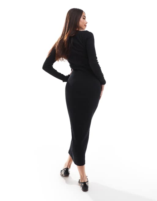 ASOS DESIGN ribbed crew neck turn cuff midi dress in black, 2 of 4