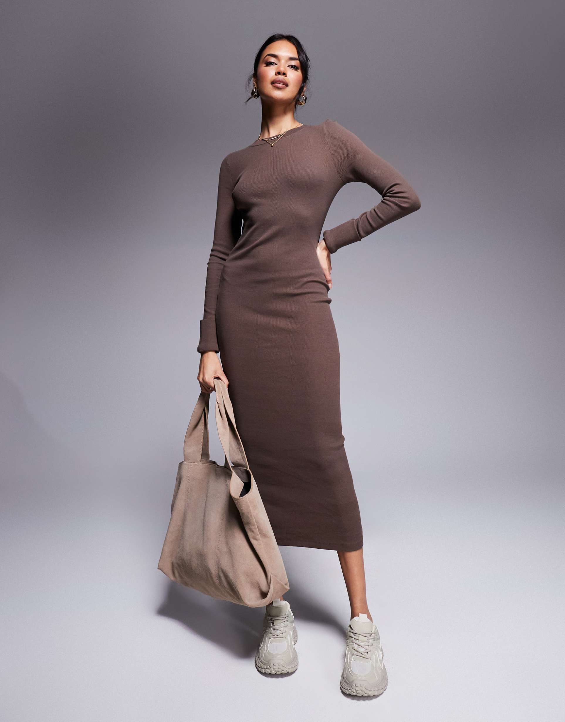 asos design ribbed crew neck turn cuff midi dress in chocolate