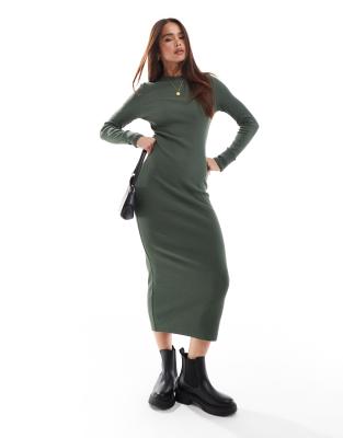 ribbed crew neck turn cuff midi dress in green