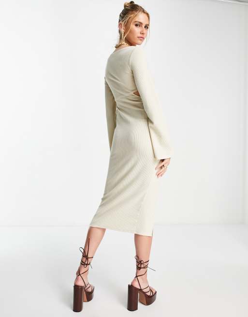 ASOS DESIGN ribbed cut out button detail midi dress in cream