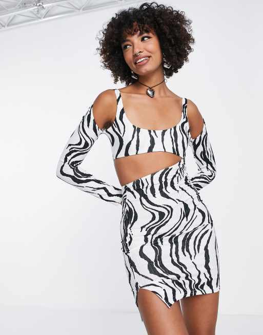 ASOS DESIGN ribbed cut out mini 2 in 1 dress in mono animal