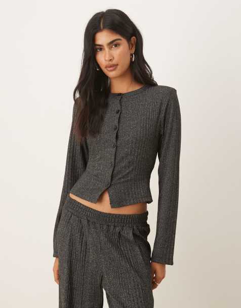 ASOS DESIGN ribbed detailing long sleeve button up top in heathered charcoal - view 1