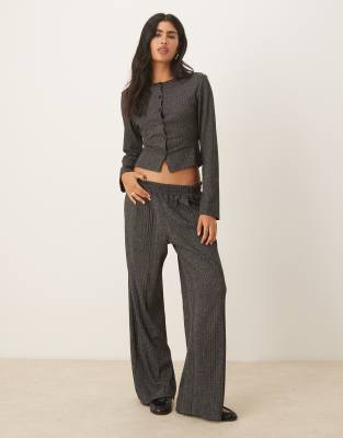 Asos Design Ribbed Detailing Long Sleeve Button Up Top In Gray