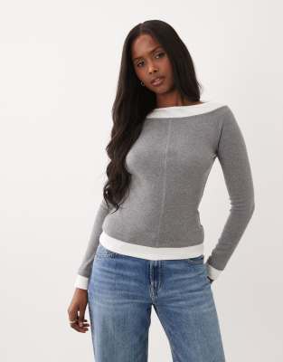 Asos Design Ribbed Double Layer Cold Shoulder Top In Gray