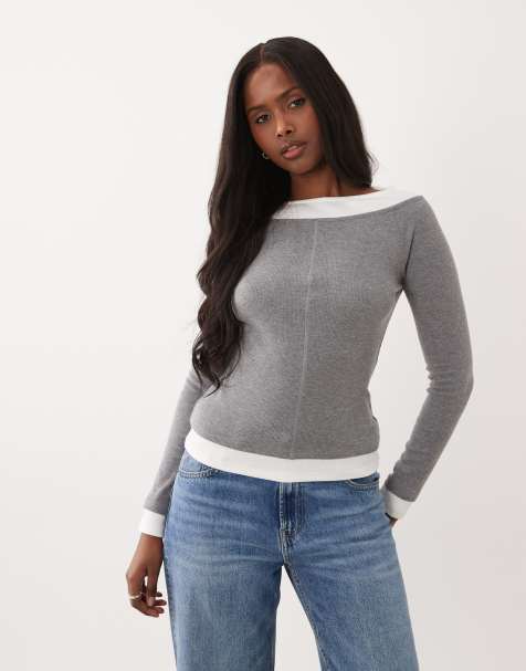 ASOS DESIGN ribbed double layer cold shoulder top in heather gray - view 1