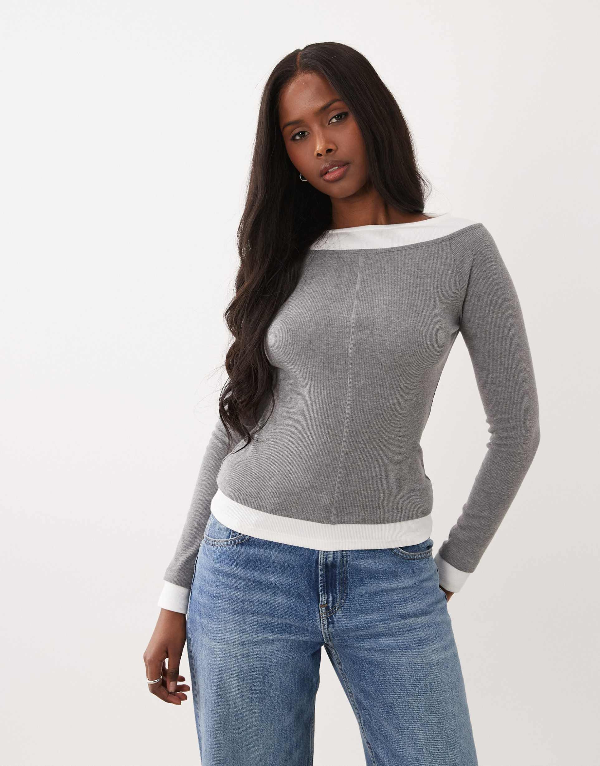 asos design ribbed double layer cold shoulder top in heather gray