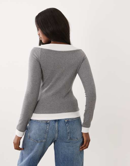 ASOS DESIGN ribbed double layer cold shoulder top in heather gray, 4 of 4