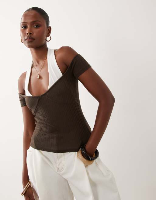 ASOS DESIGN ribbed double layer halter neck top in chocolate, 3 of 4