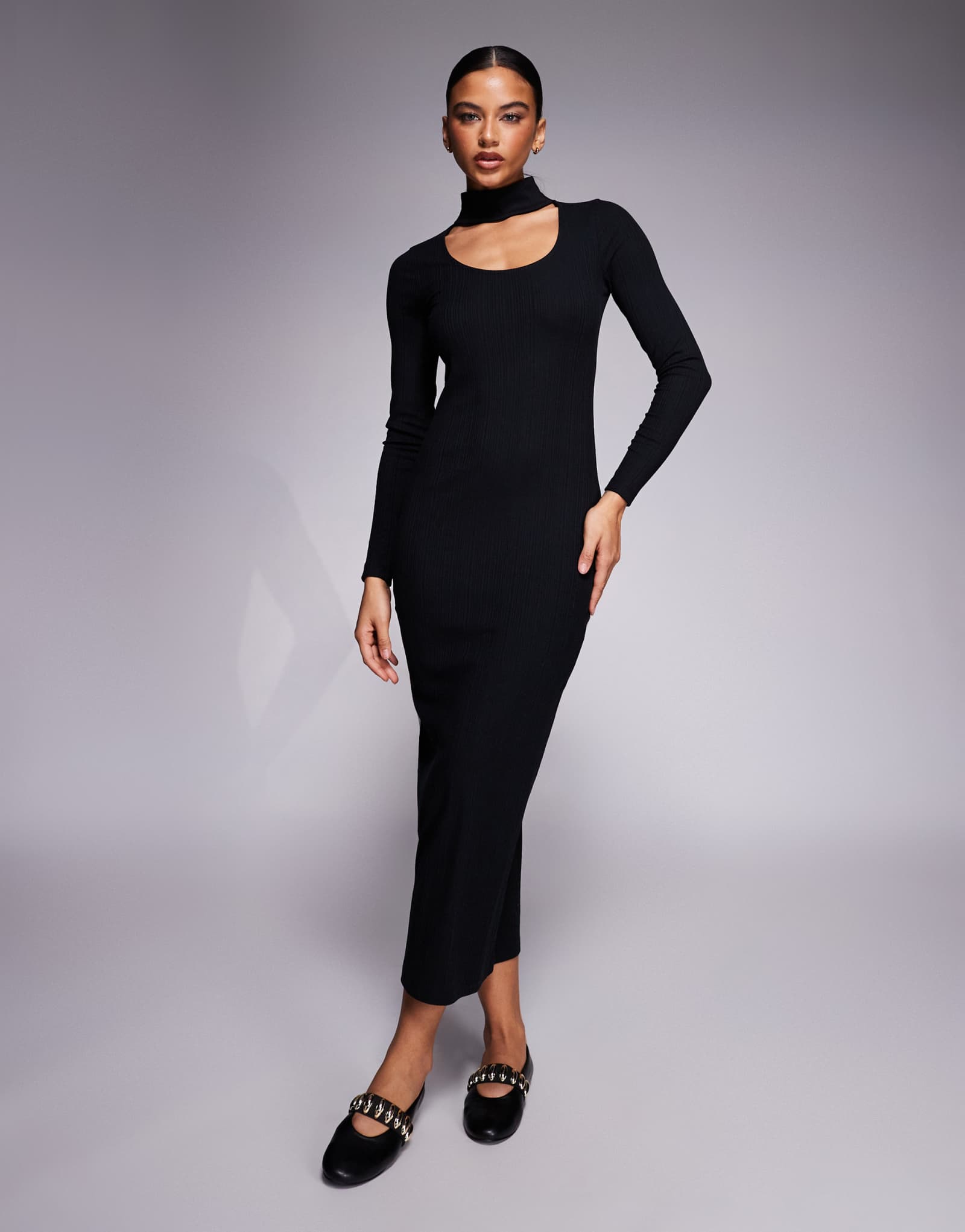 ДИЗАЙНЕРСКОЕ двухслойное миди-платье в рубчик ASOS DESIGN с колье черного цвета