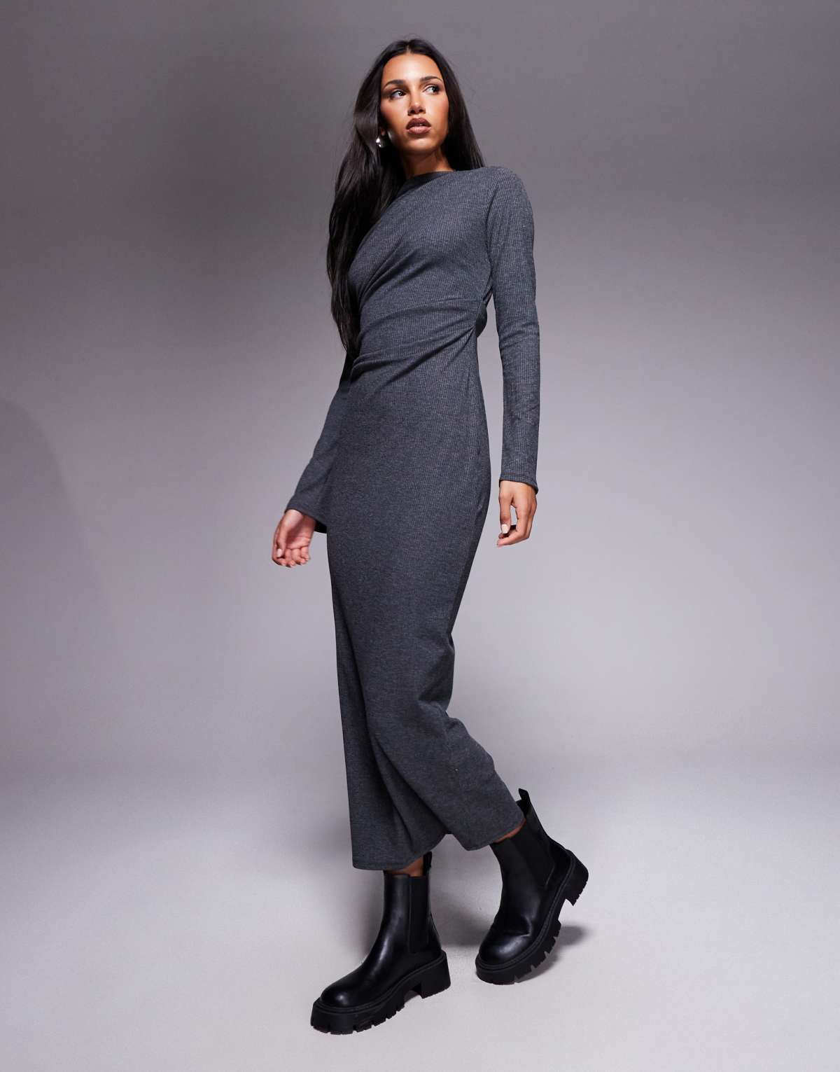 ASOS DESIGN ribbed drape maxi dress in charcoal