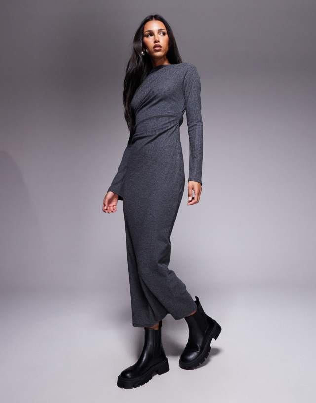 ASOS Design Ribbed Drape Maxi Dress in charcoal-Gray