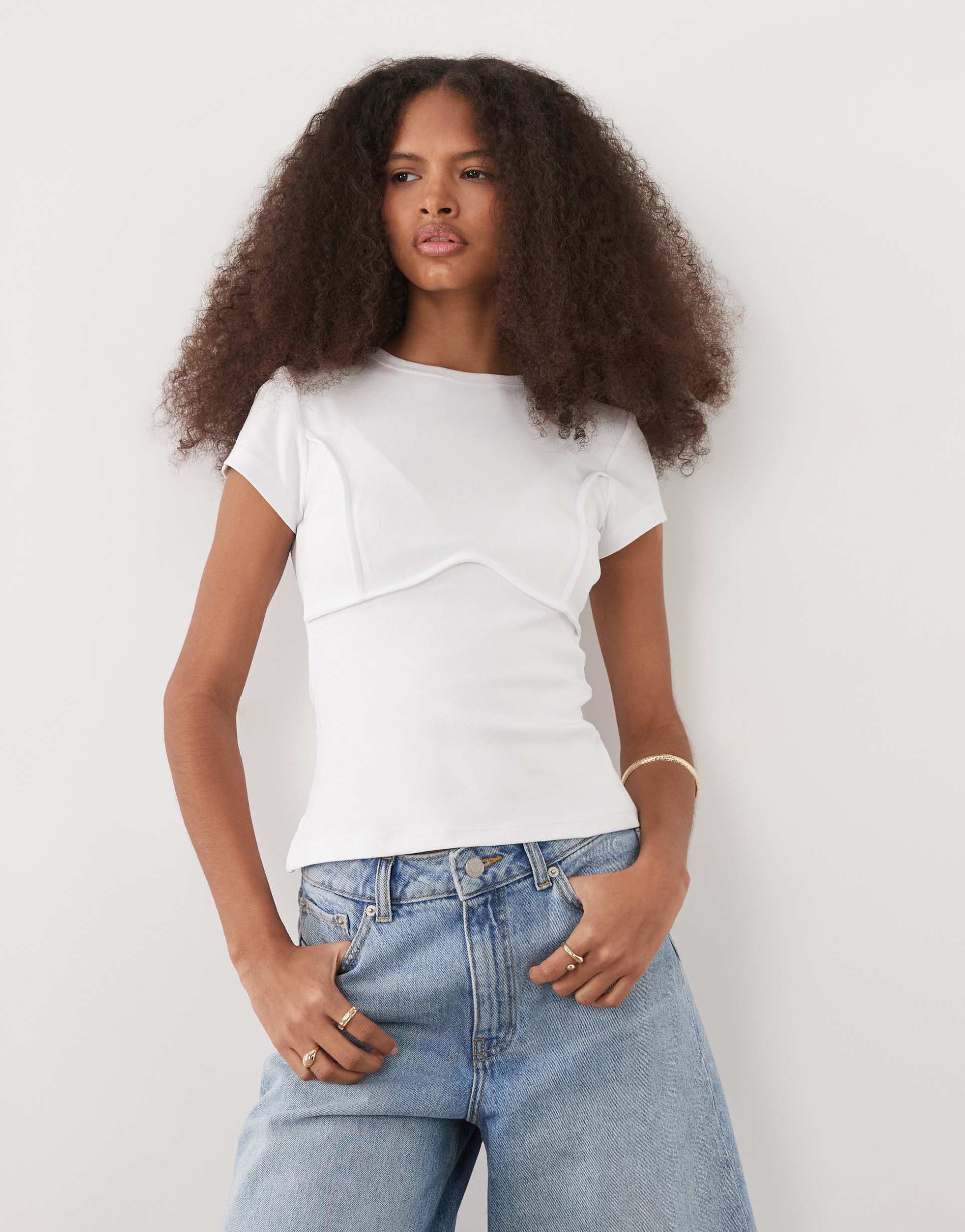 asos design ribbed exposed seam baby tee in white