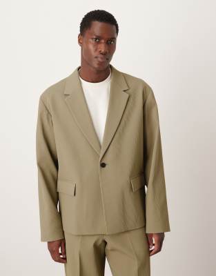 Asos Design Ribbed Fabric Boxy Suit Jacket In Green