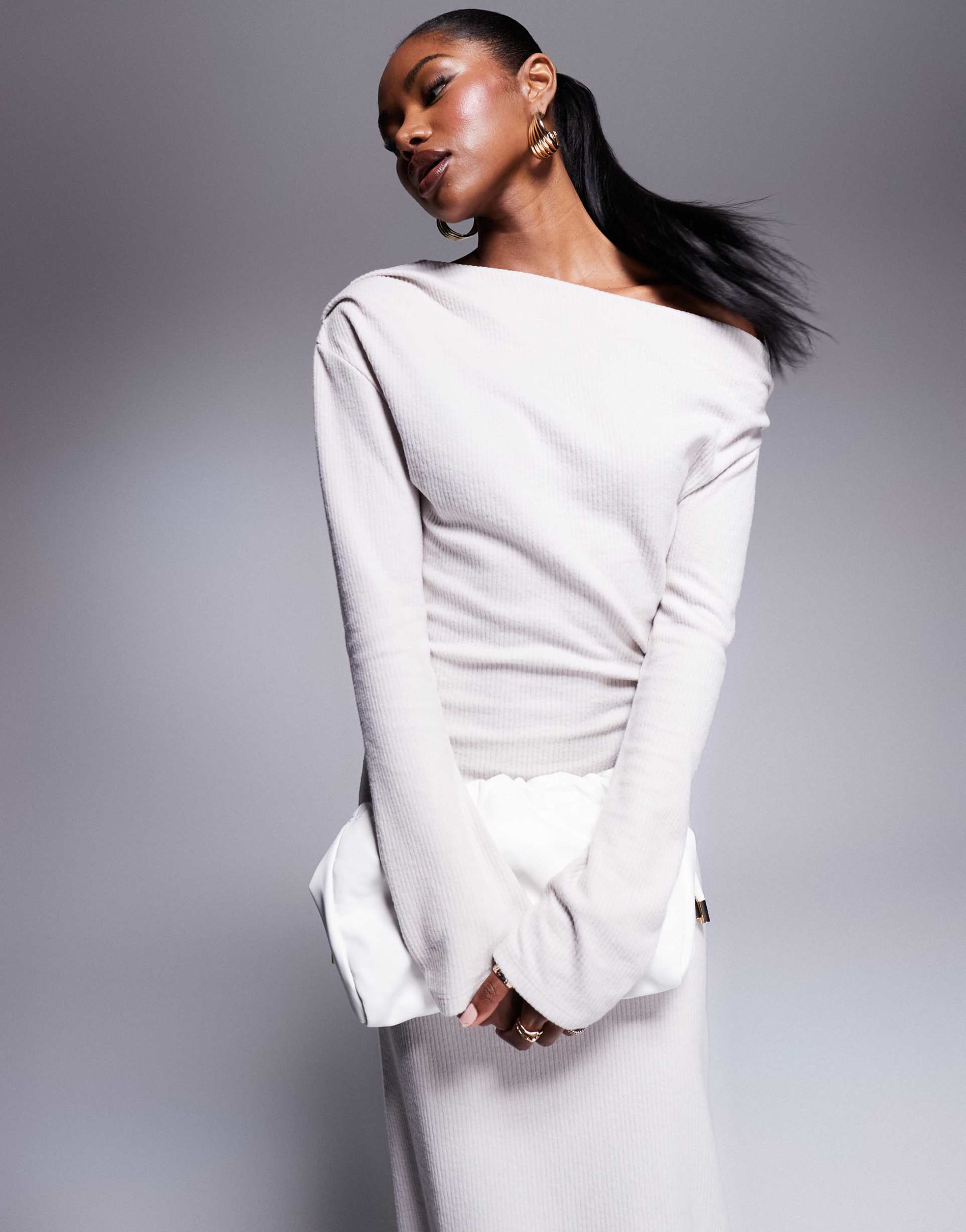 asos design ribbed fallen shoulder midi dress in off white