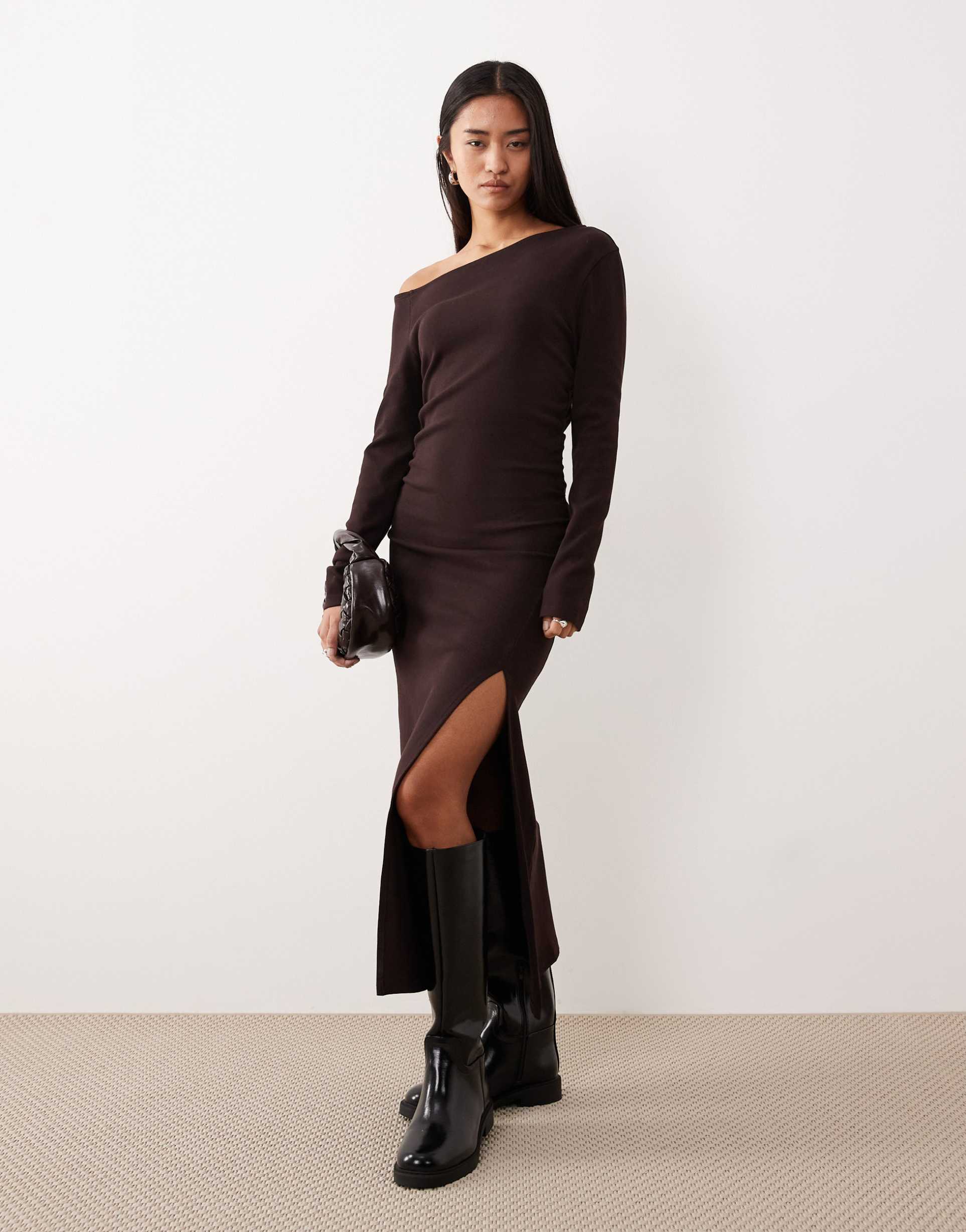 asos design ribbed fallen shoulder split front maxi dress in chocolate