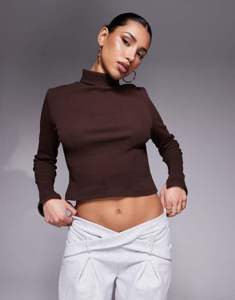 ASOS DESIGN ribbed fitted long sleeve turtle neck top in chocolate