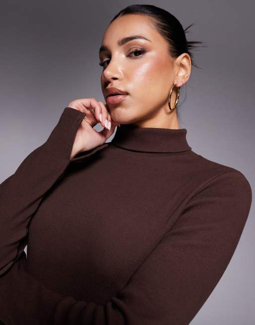 ASOS DESIGN ribbed fitted long sleeve turtle neck top in chocolate, 2 of 4