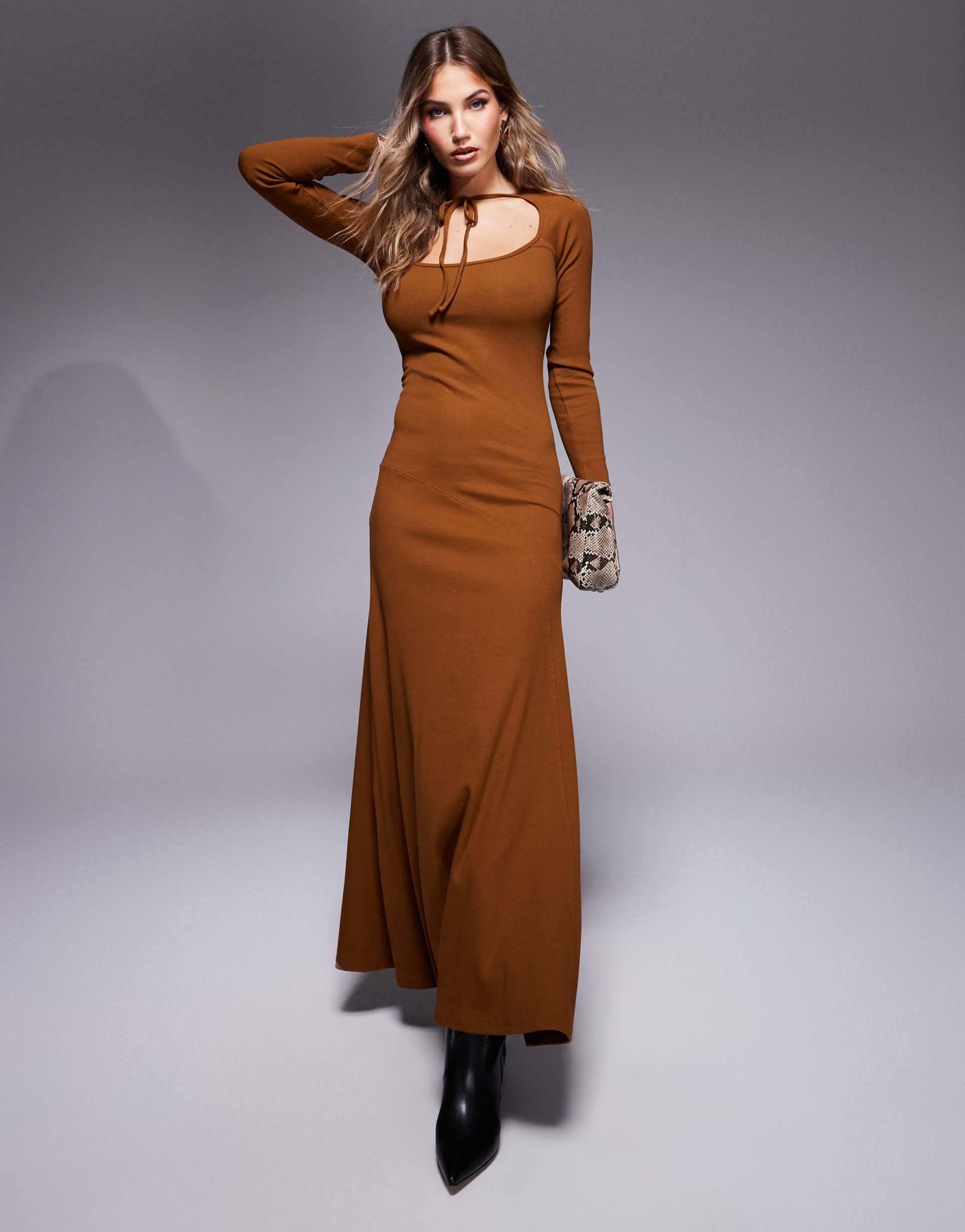 asos design ribbed flare hem long sleeve tie neck maxi dress in ginger