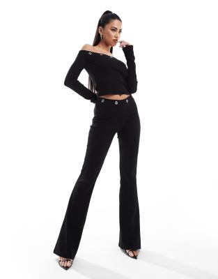 Asos Design Ribbed Flare Pants With Eyelet Detail In Black - Part Of A Set